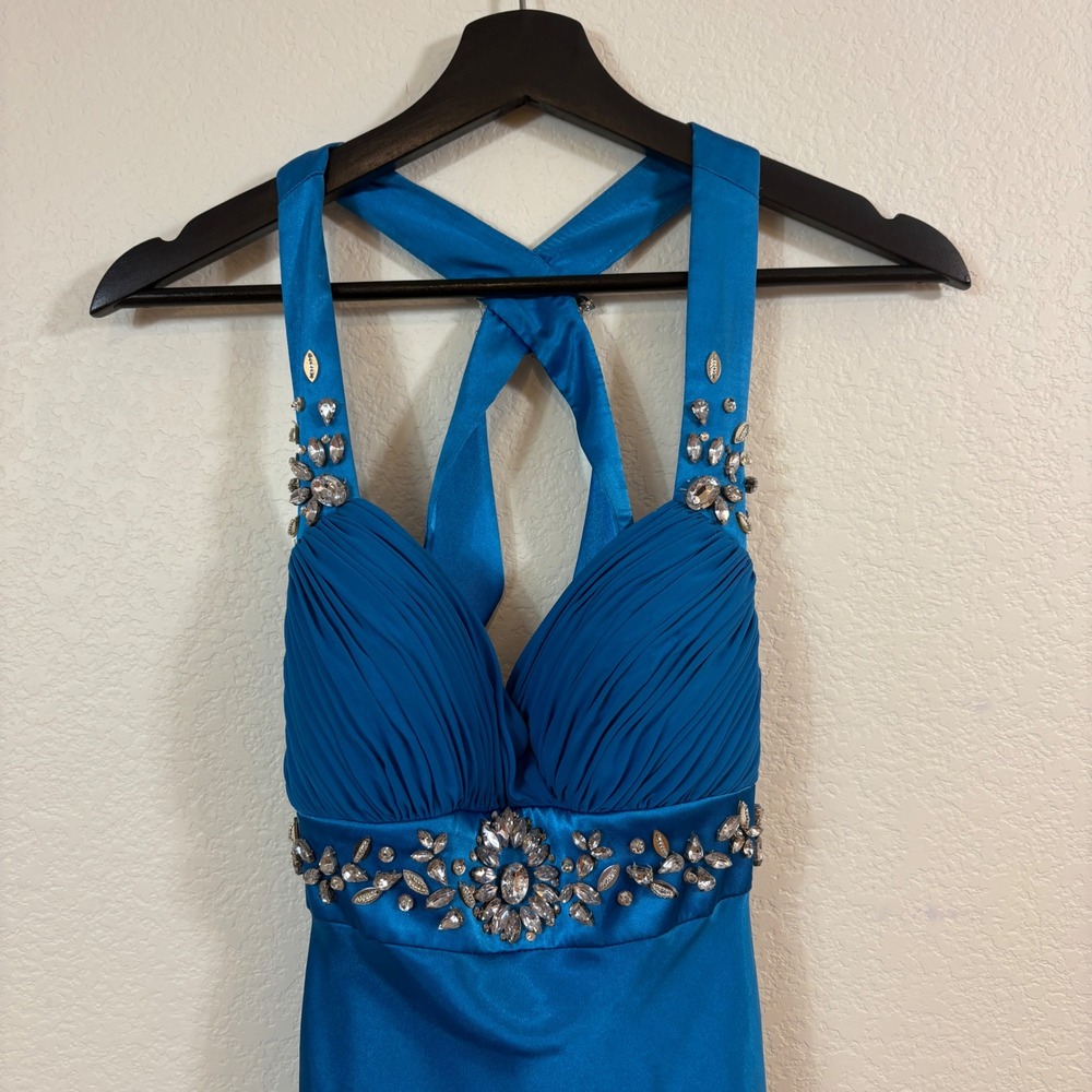 Cache Formal Dress Women 2 Blue Vintage Y2K Rhinestone Satin Halter Gown Bling - Picture 3 of 9